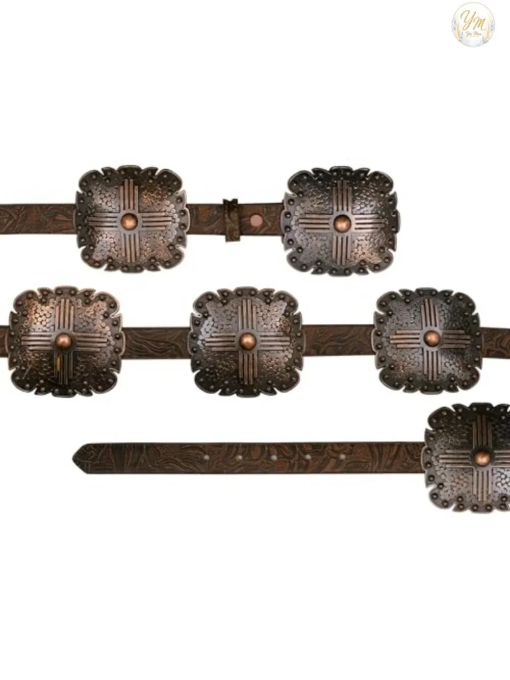 Women's Floral Embossed Leather Belt with Western Square Conchos and Removable